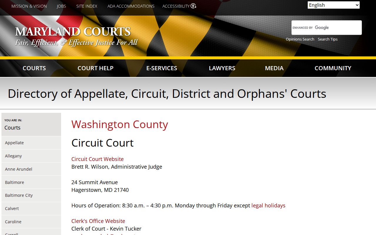 Washington County Maryland court directory listing warrant records court locations