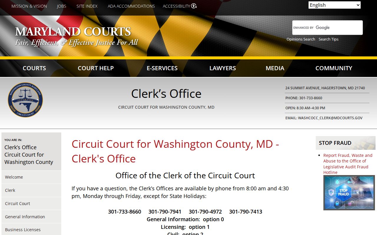 Clerk of the Circuit Court page for Washington County warrant records searches