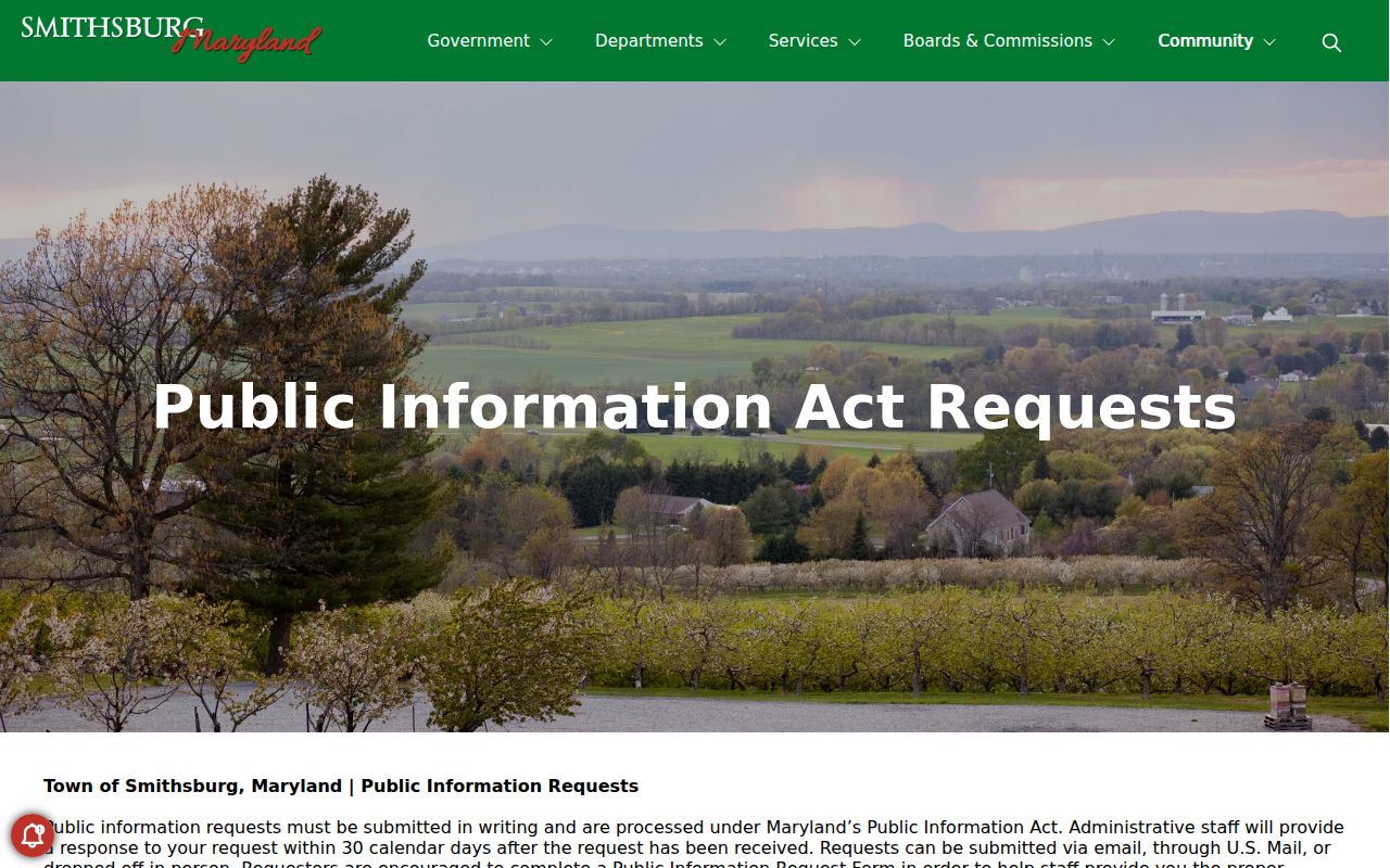 Smithsburg public information request page for Smithsburg warrant records