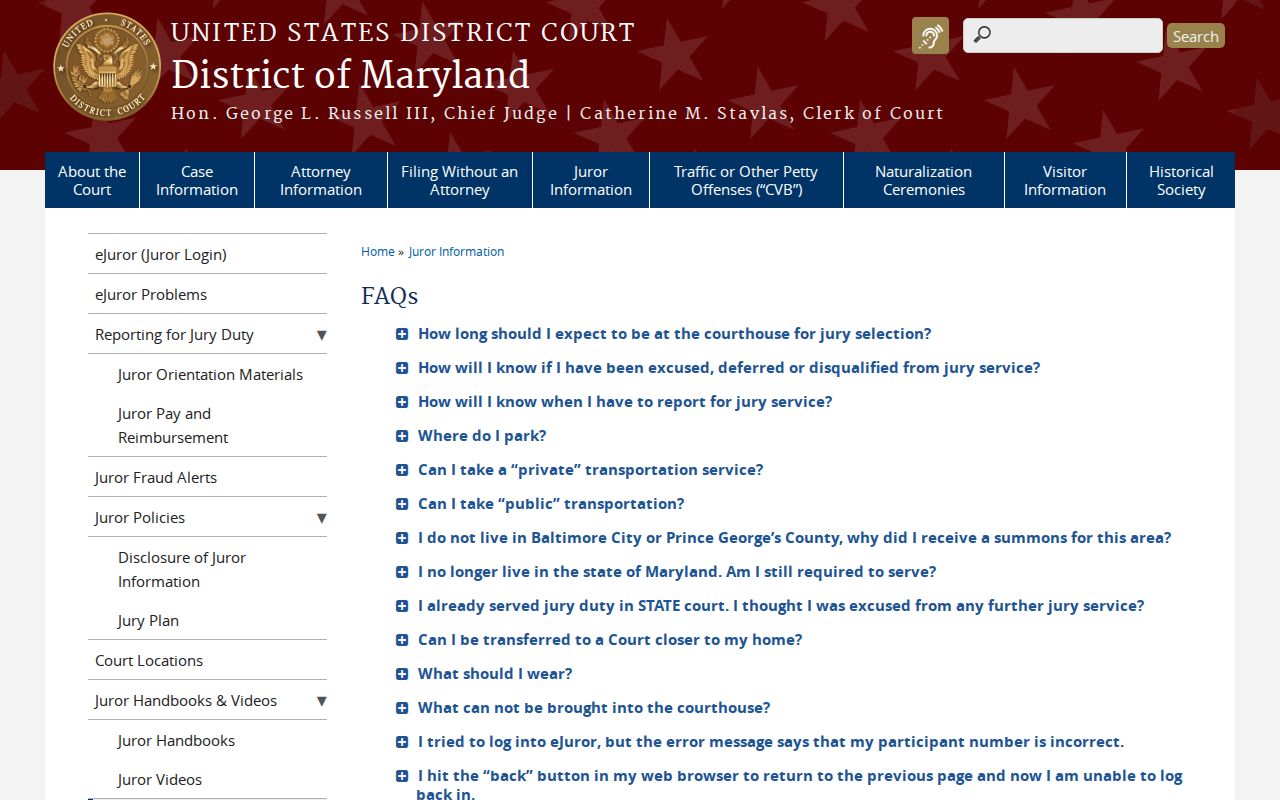 Federal court jury information showing Washington County reporting group